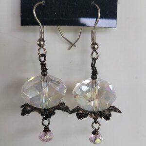 Vintage Clear AB Aurora Borealis Beads Crystal Floral Dangle Earrings